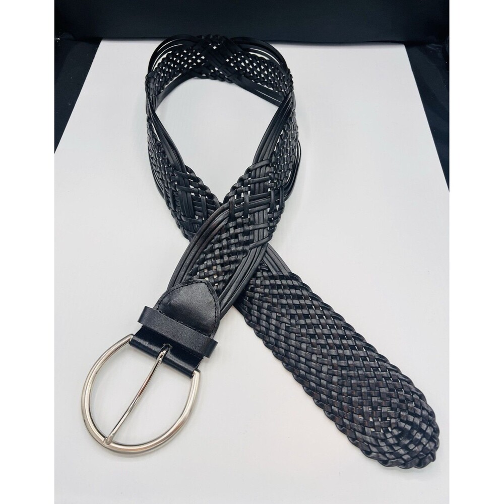 New York & Company Black Wide Braided Women’s Leather Belt L Silver Buckle NWOT